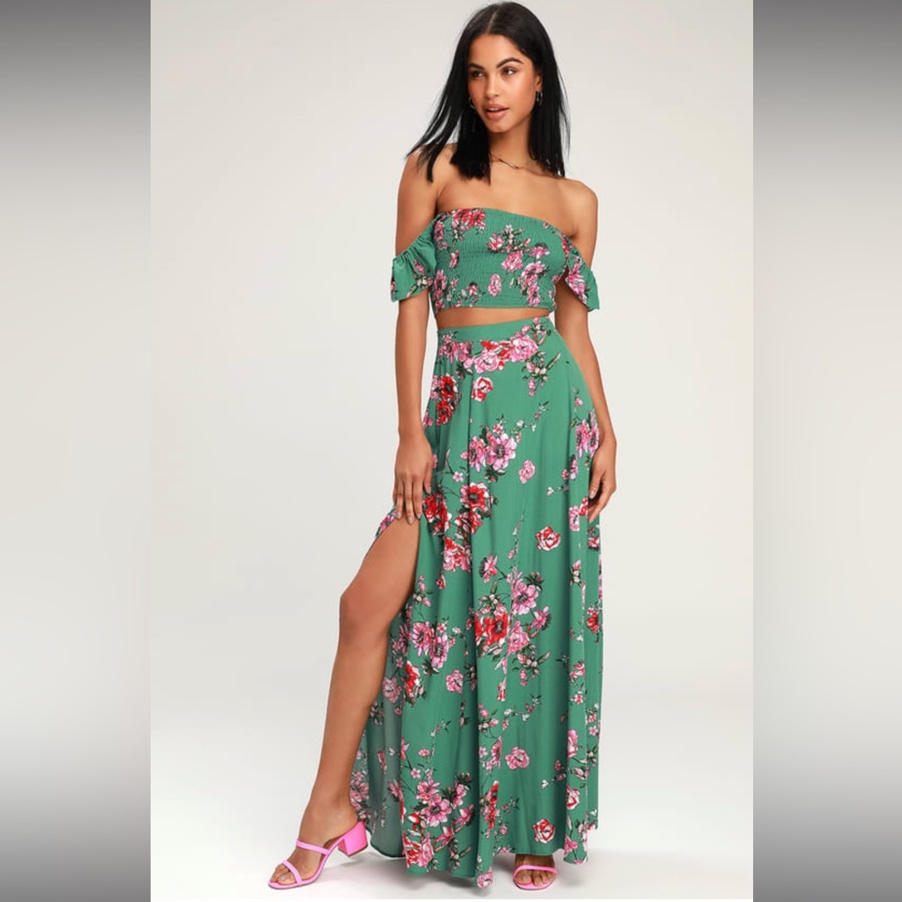 Away On Vacay Green Floral Lulu’s Two Piece Midi Dress